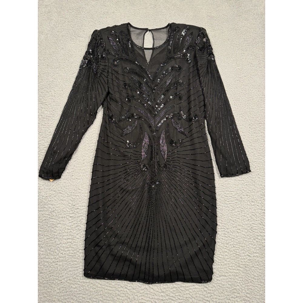 Vintage 90s Black Cocktail Dress Sequins Beads Knee‎ Length Formal Size 8